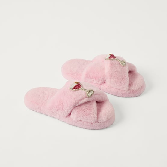 Beaded Martini Pink Crossover Fur Slipper