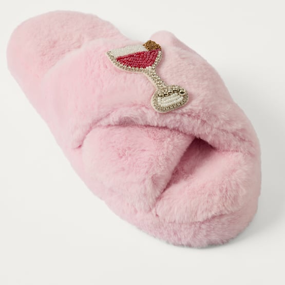 Beaded Martini Pink Crossover Fur Slipper