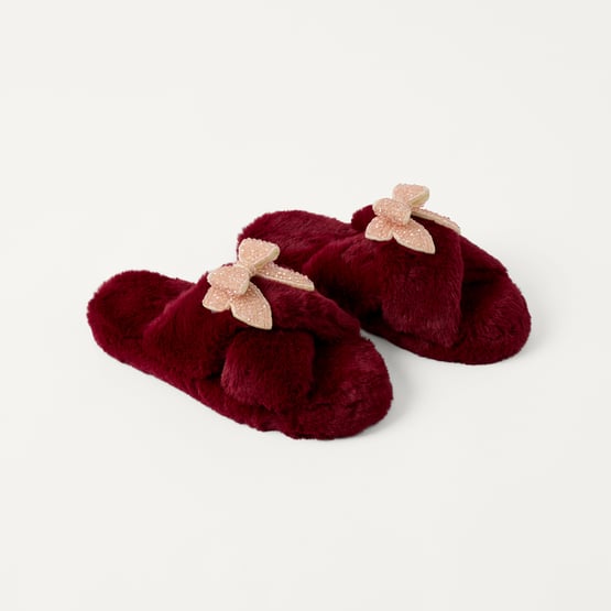 Beaded Bow Burgundy Crossover Fur Slipper