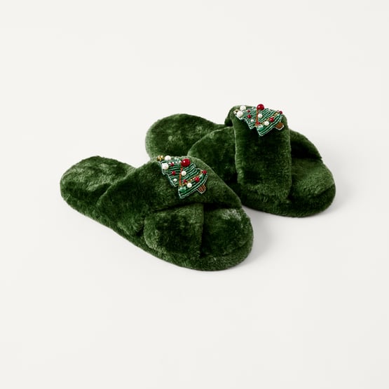 Beaded Christmas Tree Green Crossover Fur Slipper
