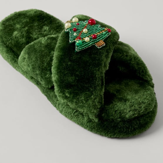 Beaded Christmas Tree Green Crossover Fur Slipper
