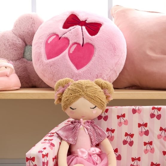 Frankie Pale Pink Cherry Bow Faux Fur Shaped Cushion