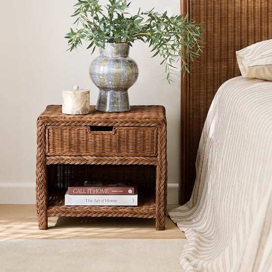 Lena Walnut Rattan Bedside Table
