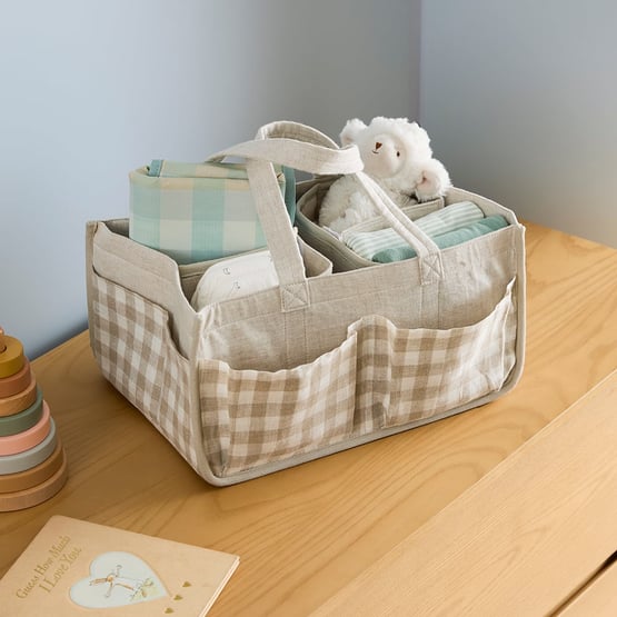 Vintage Washed Linen Linen Check Nappy Caddy Oganiser