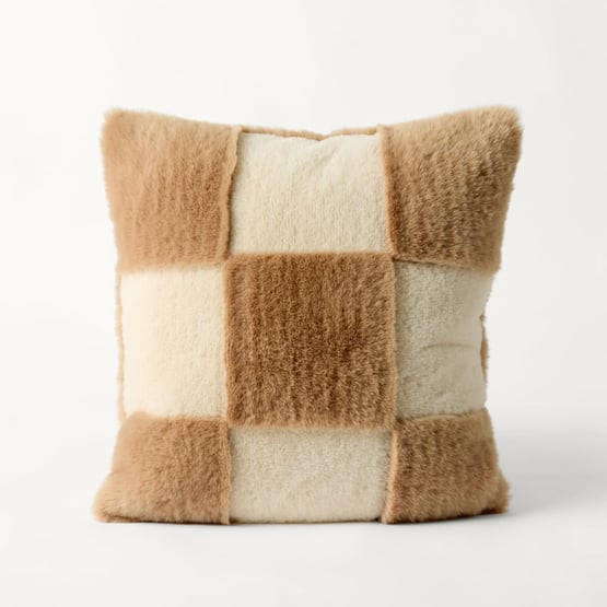 Natural Checkerboard Recycled Fur Cushion