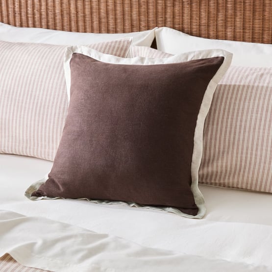 Belgian Chocolate & Linen Vintage Washed Linen Border Cushion