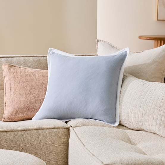 Belgian Light Denim & White Vintage Washed Linen Border Cushion