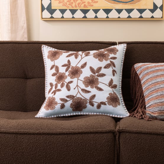 Flora Blue & Brown Beaded Cushion