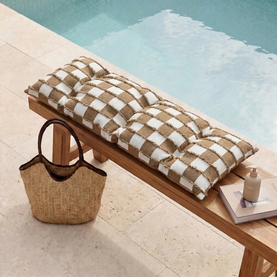 Check White & Tan Tufted Woven Bench Seat Cushion