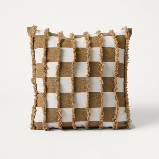 Check White & Tan Tufted Woven Cushion 