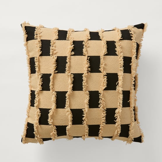 Check Natural & Black Tufted Woven Cushion