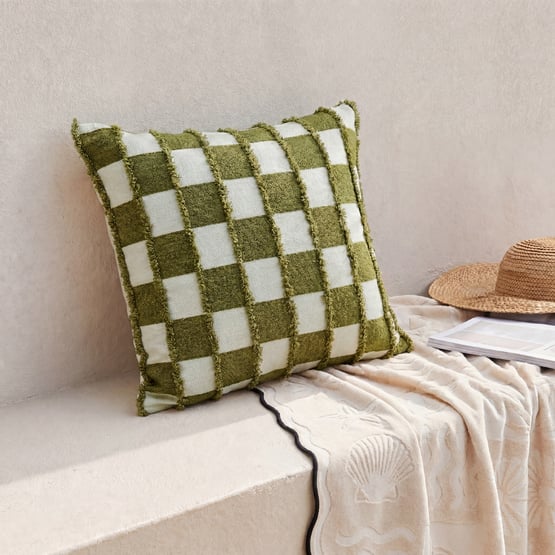 Check Olive Tufted Woven Cushion