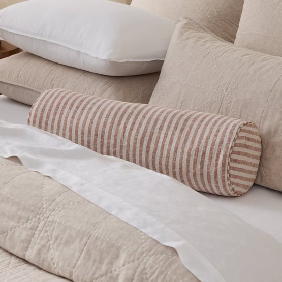 Belgian Vintage Washed Linen Linen & Brown Sugar Bengal Stripe Bolster Cushion