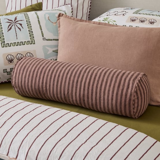 Belgian Vintage Washed Linen Mocha & Chocolate Bengal Stripe Bolster Cushion