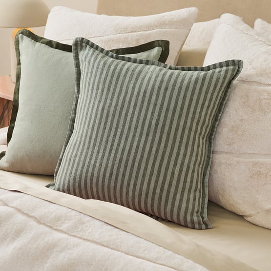 Belgian Vintage Washed Linen Bengal Stripe Gumleaf & Pine Cushion