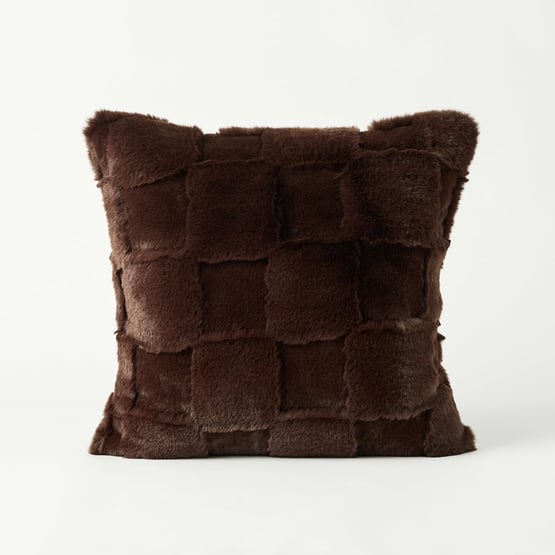 Clea Chocolate Check Recycled Fur Cushion