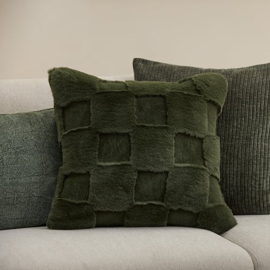 Clea Ivy Check Recycled Fur Cushion
