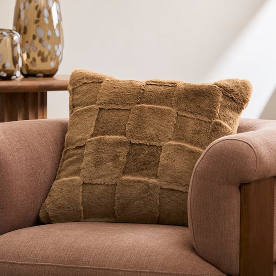 Clea Mocha Check Recycled Fur Cushion