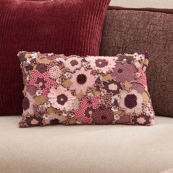 Ember Floral Beaded Mulberry Cushion