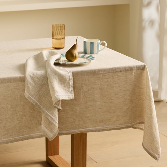 Mayfair Natural & White Trim Linen Tablecloth