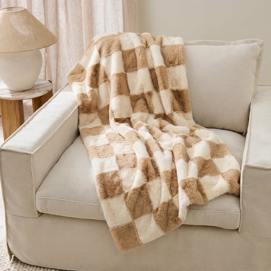 Checkerboard Natural Recycled Fur Throw 