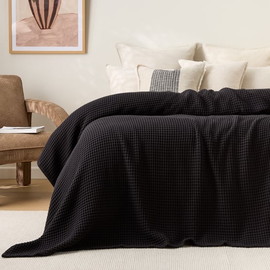 European Collection Black Cotton Waffle Washed Blanket