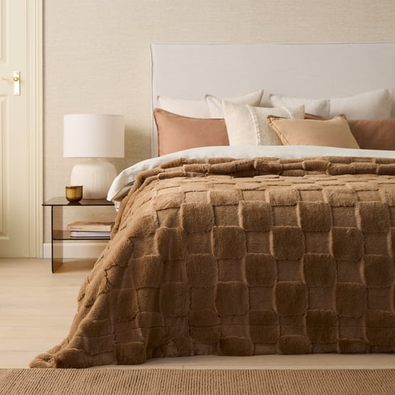 Clea Mocha Check Recycled Fur Blanket