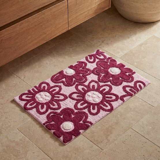 Poppy Pink & Burgundy Floral Bath Mat