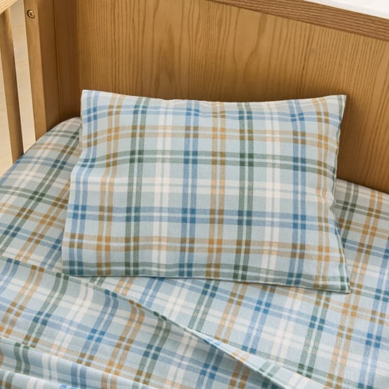 Brooks Blue Check Flannelette Cot Sheet Set