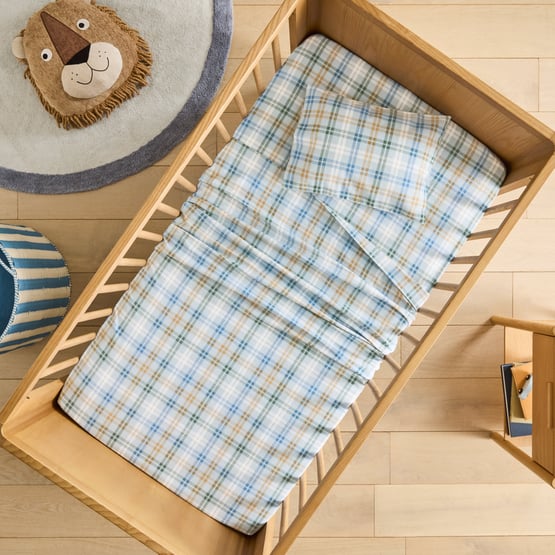 Brooks Blue Check Flannelette Cot Sheet Set