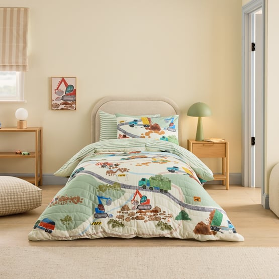 Diggers Work Zone Green Quilted Quilt Cover Set