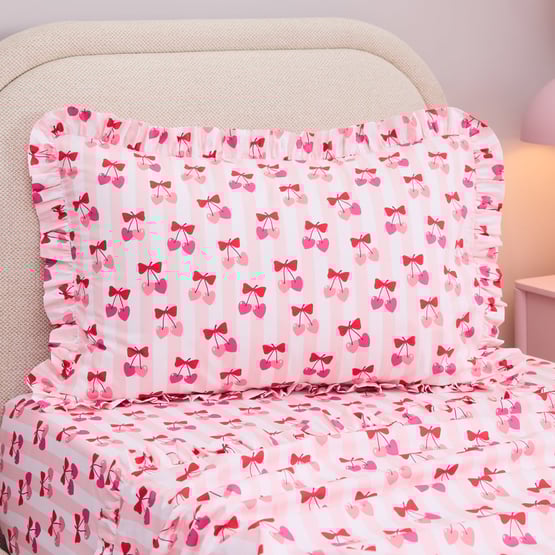 Cherry Bow Pink Ruffle Sheet Set