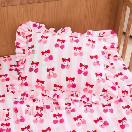 Cherry Bow Pink Ruffle Cot Sheet Set