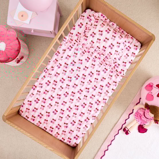 Cherry Bow Pink Ruffle Cot Sheet Set