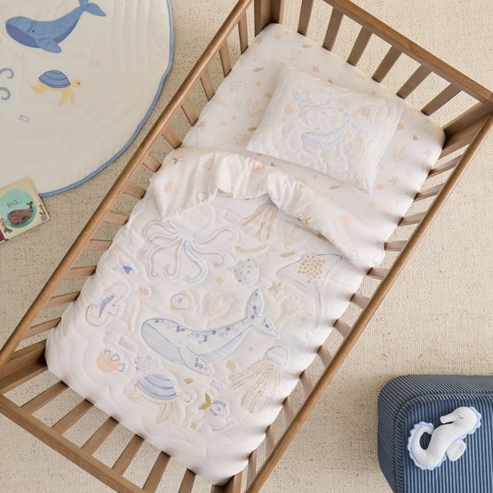 Ocean Lullaby Natural Quilted Cot Quilt Cover Set