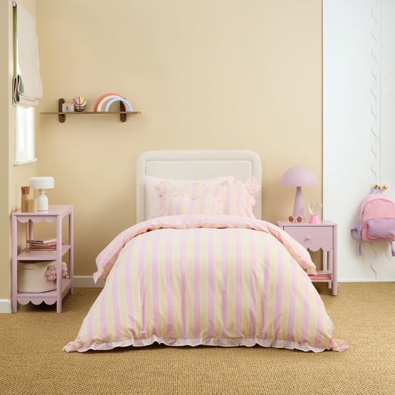 Stonewashed Pink Lemon Ruffle Tri Stripe Quilt Cover Set 