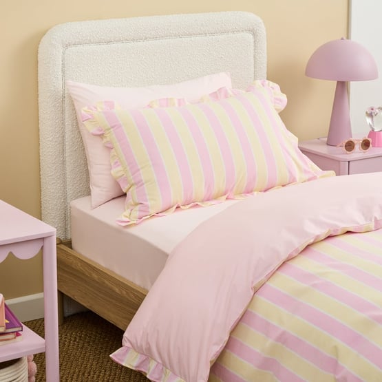 Stonewashed Pink Lemon Ruffle Tri Stripe Quilt Cover Set 