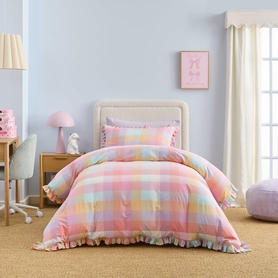 Leyla Pink Yarn Dye Ruffle Check Quilt Cover Set 