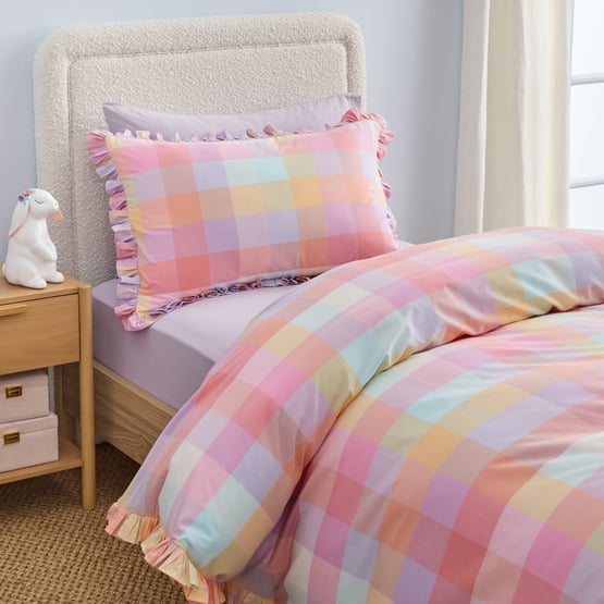 Leyla Pink Yarn Dye Ruffle Check Quilt Cover Set 