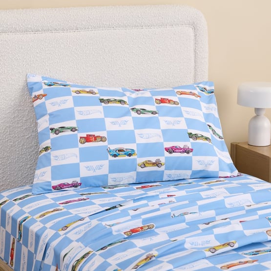 Mattel Hot Wheels Blue & White Grid Sheet Set