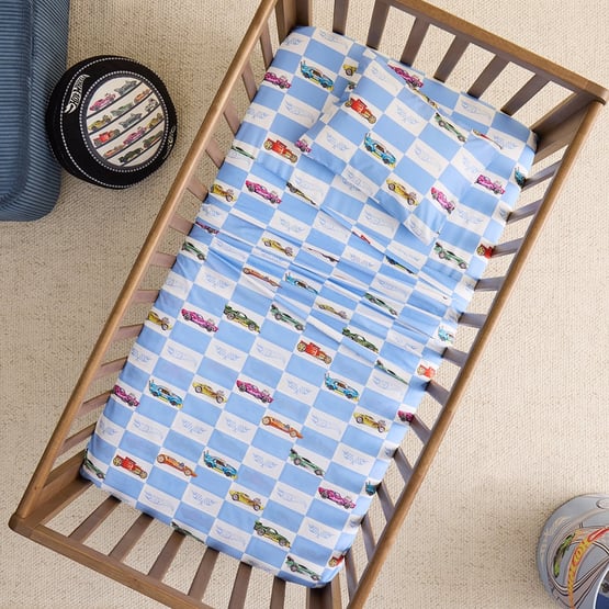 Mattel Hot Wheels Blue & White Grid Cot Sheet Set