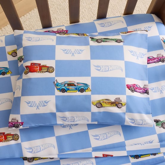 Mattel Hot Wheels Blue & White Grid Cot Sheet Set
