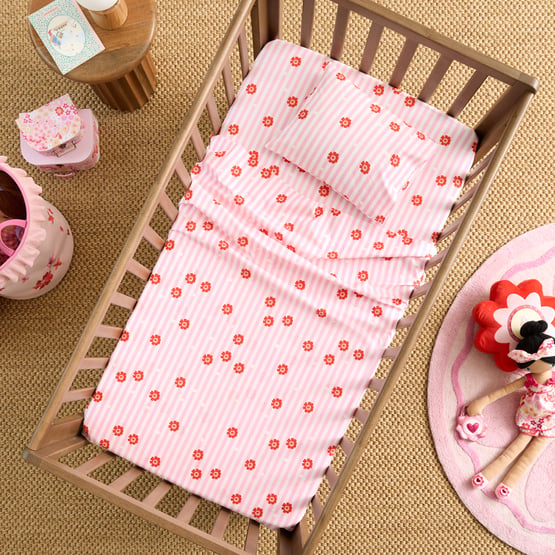 Pocketful Of Flowers Pink Stripe Cot Sheet Set