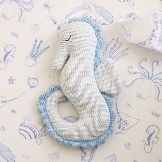 Nursery Seahorse Blue Rattle Knitted Toy