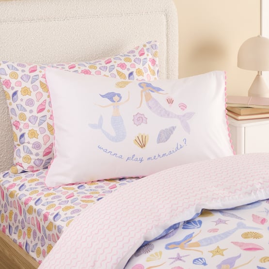 Wanna Play Mermaids White Text Pillowcase