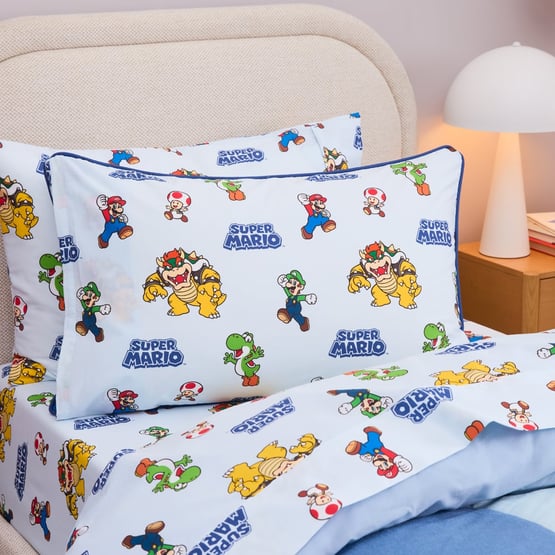Nintendo Super Mario Blue Here We Go Reversible Text Pillowcase 