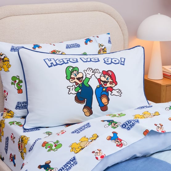 Nintendo Super Mario Blue Here We Go Reversible Text Pillowcase 