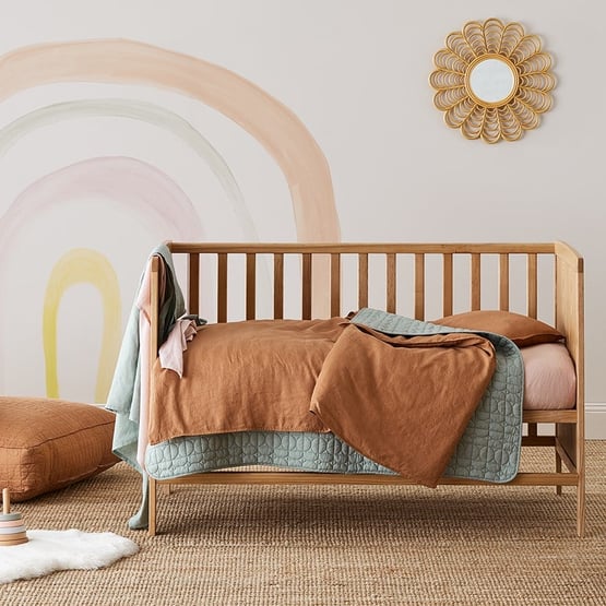 Vintage Washed Linen Caramel Cot Quilt Cover Set