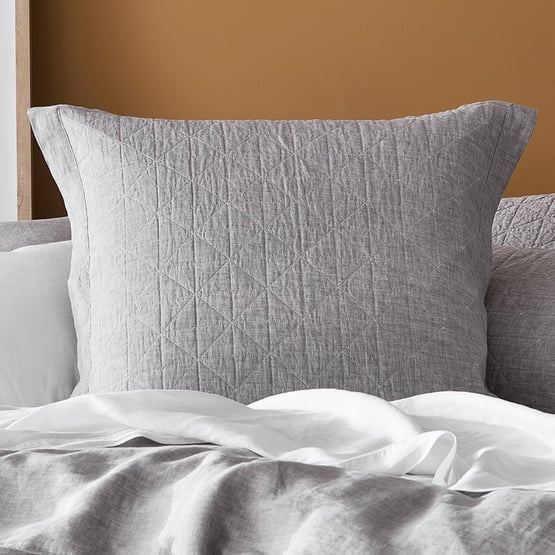 Vintage Washed Linen Grey Marle Quilted Pillowcase