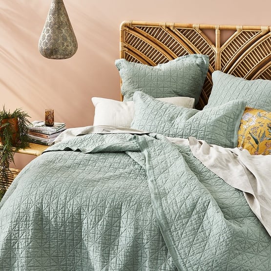 Vintage Washed Linen Eucalyptus Quilted Coverlet Separates